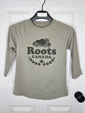 Roots Women's Raglan 3/4 Sleeve Tee Cotton Casual Shirt Olive Green Size M